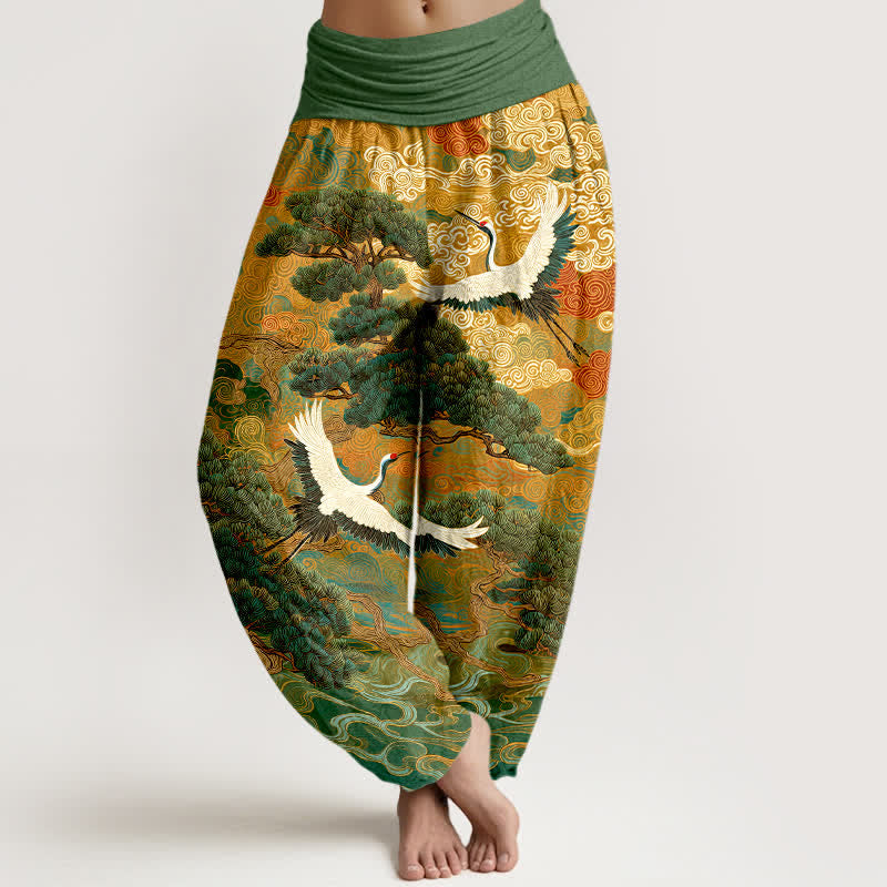 Buddha Stones Cotton Crane Pine Wave Pattern Women's Elastic Waist Harem Pants - LimeGreen - US16，UK/AU20，EU48 (3XL) - image 0