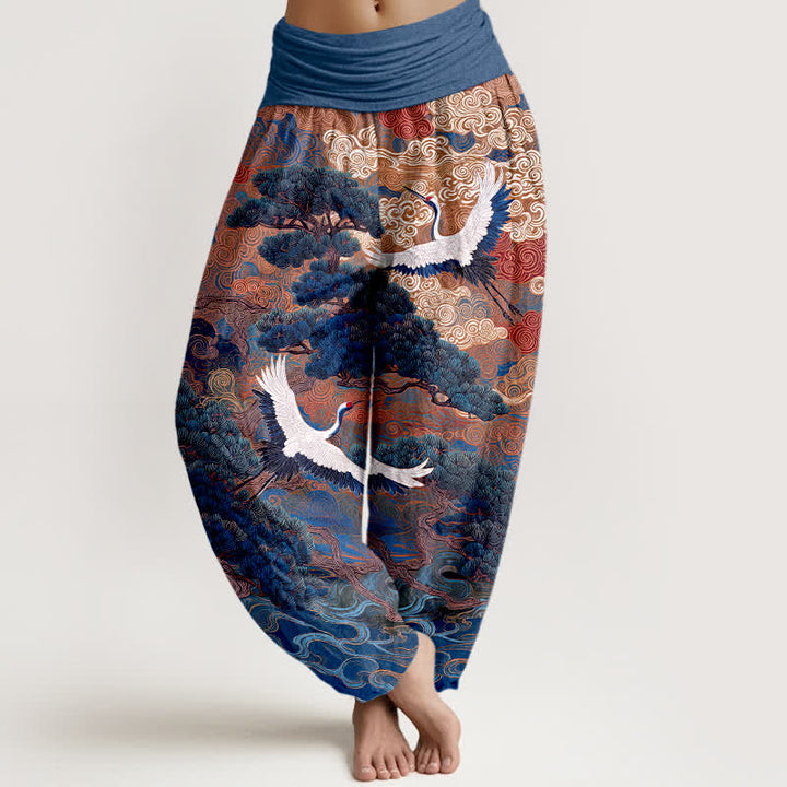 Buddha Stones Cotton Crane Pine Wave Pattern Women's Elastic Waist Harem Pants - Navy - US16，UK/AU20，EU48 (3XL) - image 5