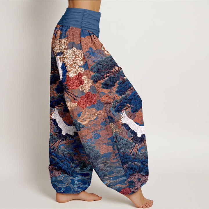 Buddha Stones Cotton Crane Pine Wave Pattern Women's Elastic Waist Harem Pants - image 6