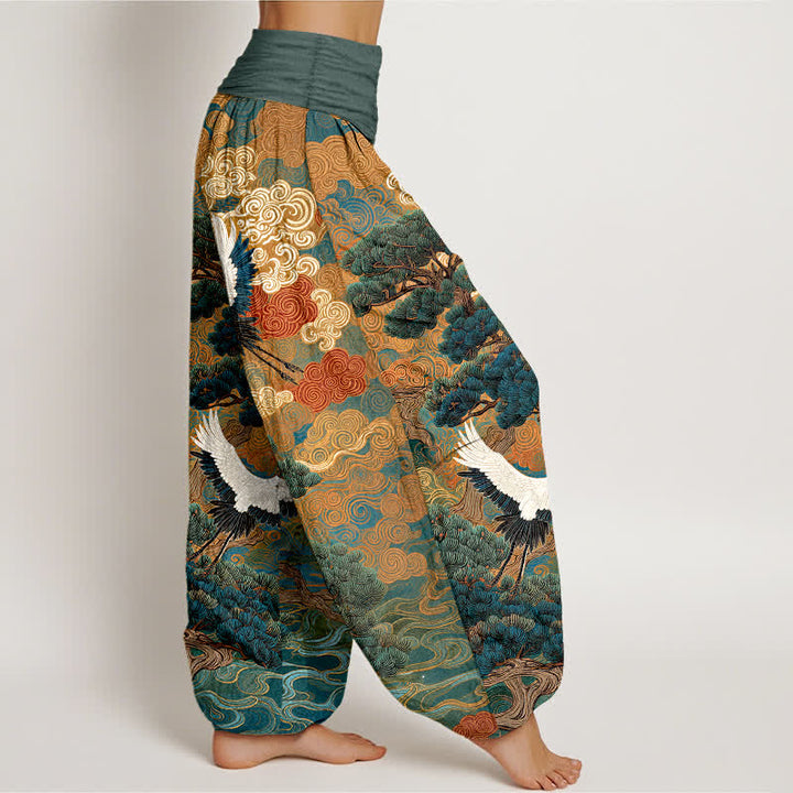 Buddha Stones Cotton Crane Pine Wave Pattern Women's Elastic Waist Harem Pants - image 9