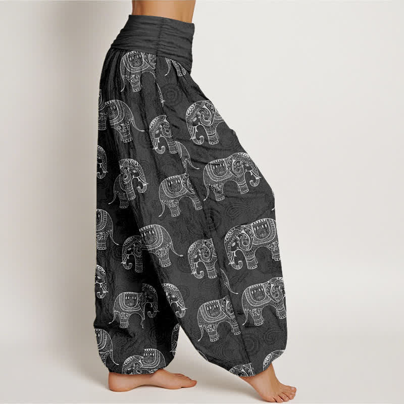 Buddha Stones Cotton White Elephant Pattern Women's Elastic Waist Harem Pants - image 9