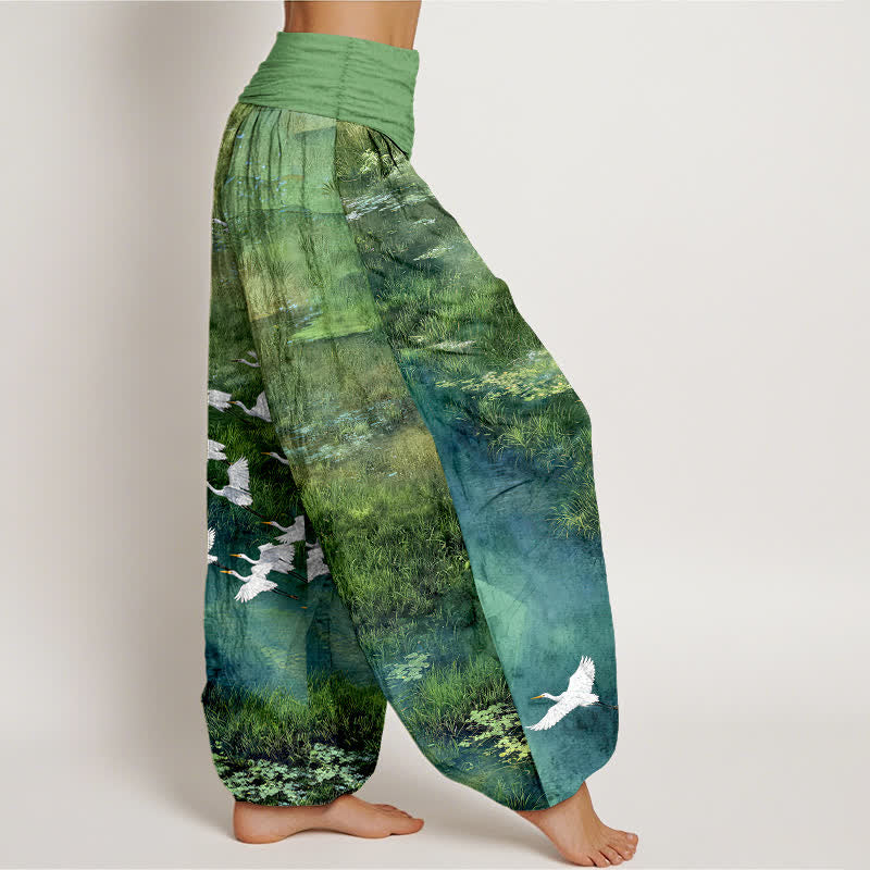 Buddha Stones Cotton Forest Lake Flying Bird Pattern Women's Elastic Waist Harem Pants - image 1