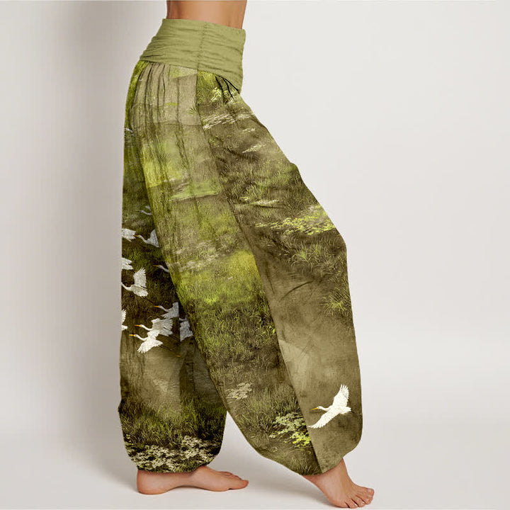 Buddha Stones Cotton Forest Lake Flying Bird Pattern Women's Elastic Waist Harem Pants - image 6