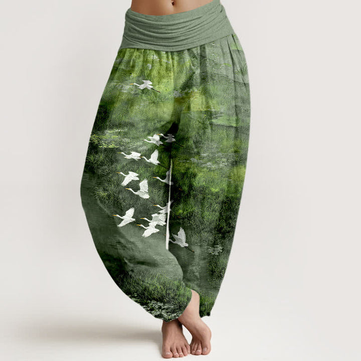 Buddha Stones Cotton Forest Lake Flying Bird Pattern Women's Elastic Waist Harem Pants - DarkSeaGreen - US16，UK/AU20，EU48 (3XL) - image 8