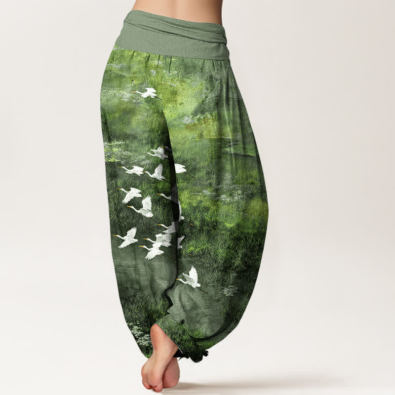 Buddha Stones Cotton Forest Lake Flying Bird Pattern Women's Elastic Waist Harem Pants - image 10