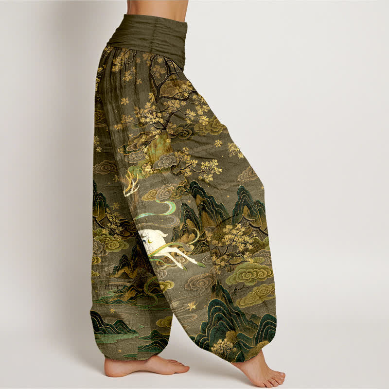 Buddha Stones Cotton White Deer Mountain Pattern Women's Elastic Waist Harem Pants - image 9
