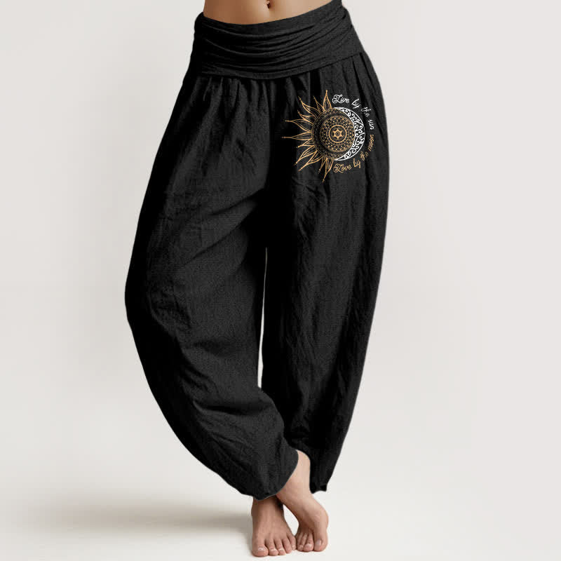 Buddha Stones Pure Cotton Sun Moon Mandala Pattern Women's Elastic Waist Harem Pants - Black - US16，UK/AU20，EU48 (3XL) - image 0