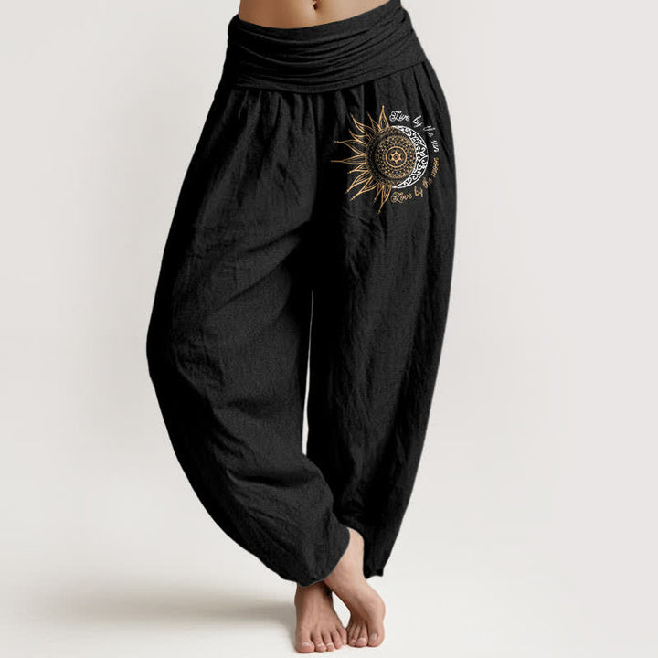 Buddha Stones Pure Cotton Sun Moon Mandala Pattern Women's Elastic Waist Harem Pants - Black - US16，UK/AU20，EU48 (3XL) - image 0