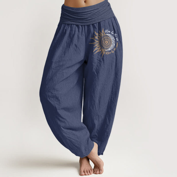 Buddha Stones Pure Cotton Sun Moon Mandala Pattern Women's Elastic Waist Harem Pants - DarkSlateBlue - US16，UK/AU20，EU48 (3XL) - image 5