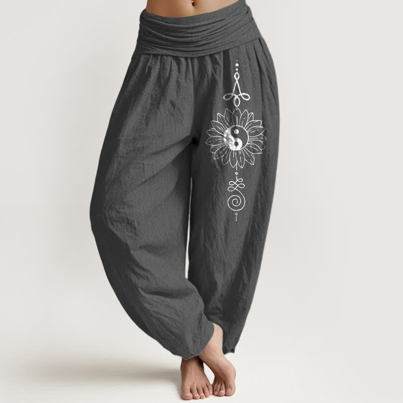Buddha Stones Pure Cotton Sunflower Yin Yang Pattern Women's Elastic Waist Harem Pants - DimGray - US16，UK/AU20，EU48 (3XL) - image 11