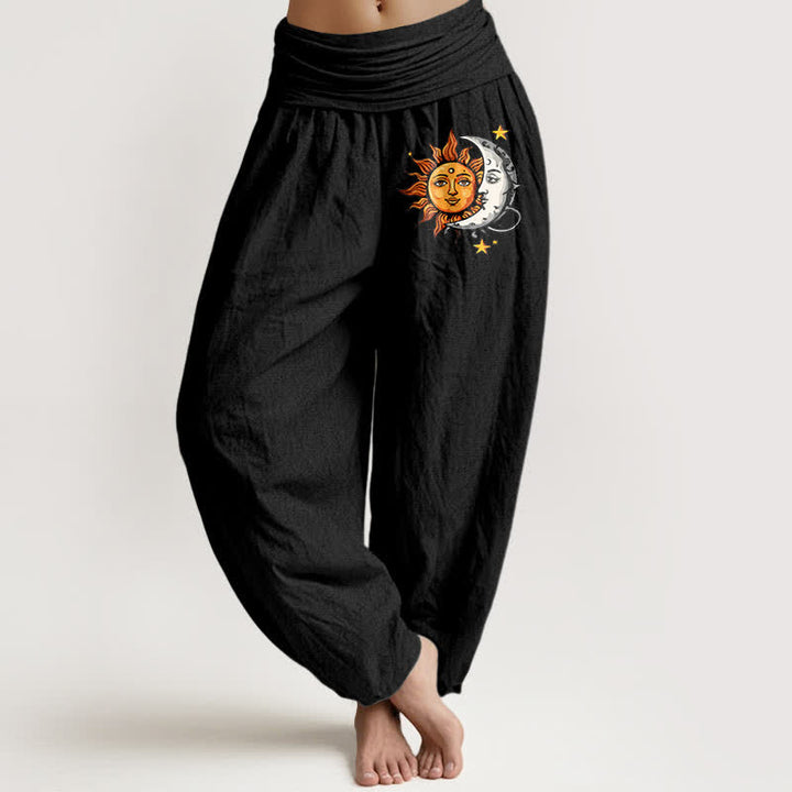 Buddha Stones Pure Cotton Sun and Moon Pattern Women's Elastic Waist Harem Pants - Black - US16，UK/AU20，EU48 (3XL) - image 0