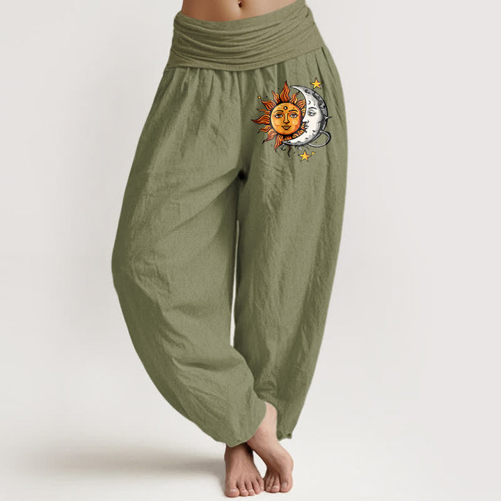 Buddha Stones Pure Cotton Sun and Moon Pattern Women's Elastic Waist Harem Pants - OliveDrab - US16，UK/AU20，EU48 (3XL) - image 14