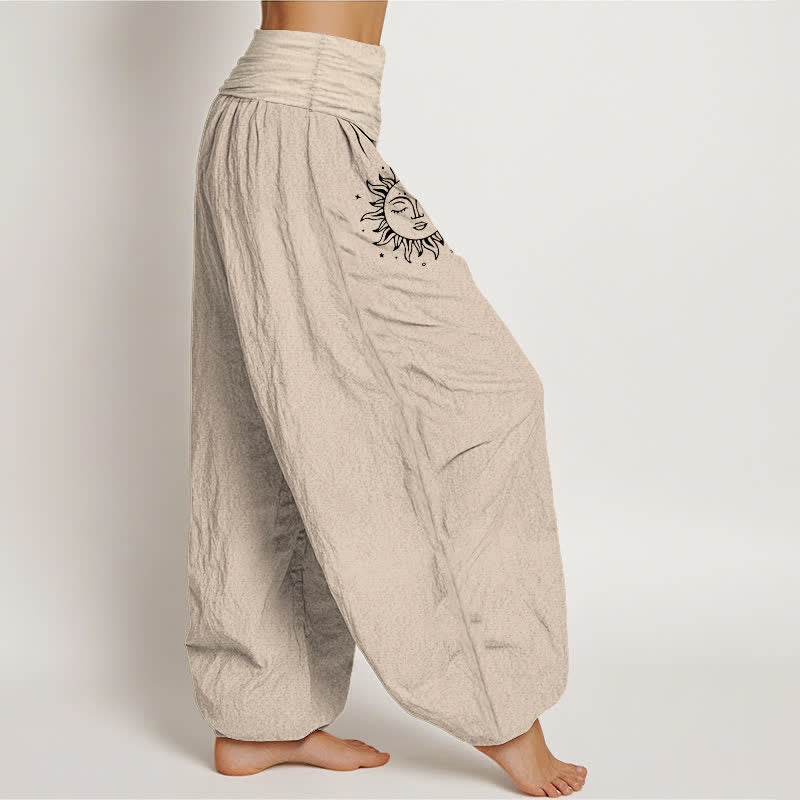 Buddha Stones Pure Cotton Sun Moon Pattern Women's Elastic Waist Harem Pants - image 12