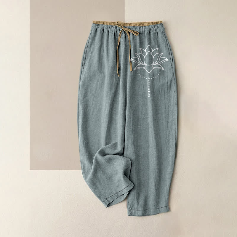 Buddha Stones Pure Cotton Serene Lotus Pattern Women's Elastic Waist Pants With Pockets - LightBlue - US16，UK/AU20，EU48 (3XL) - image 5