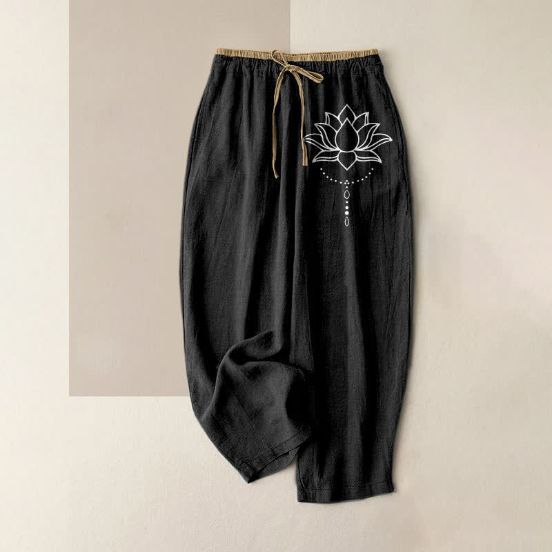 Buddha Stones Pure Cotton Serene Lotus Pattern Women's Elastic Waist Pants With Pockets - Black - US16，UK/AU20，EU48 (3XL) - image 0