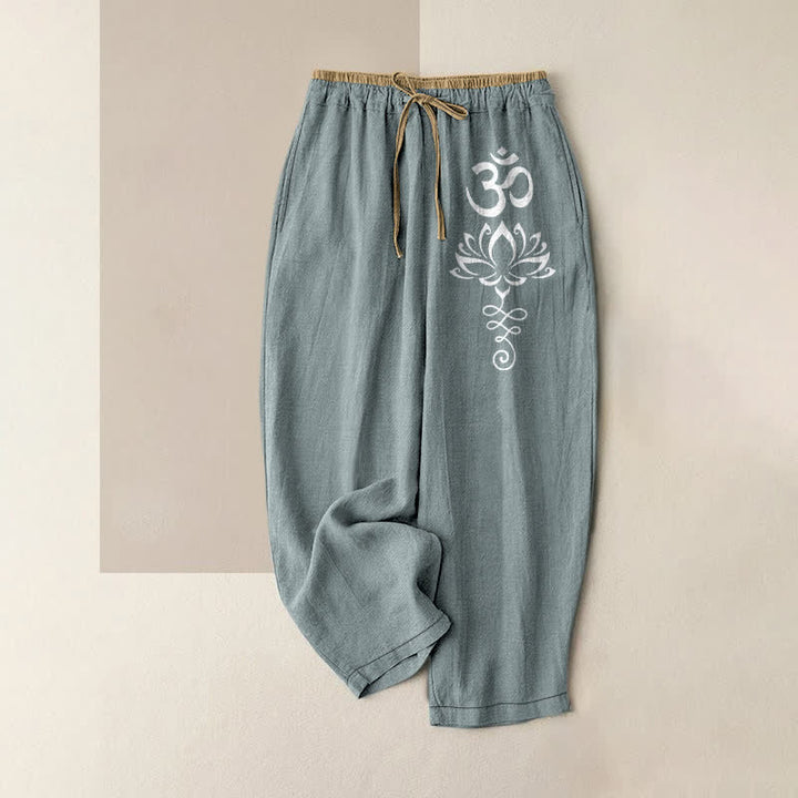 Buddha Stones Pure Cotton Zen Lotus Om Pattern Women's Elastic Waist Pants With Pockets - LightBlue - US16，UK/AU20，EU48 (3XL) - image 5