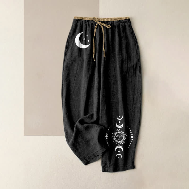 Buddha Stones Pure Cotton Elegant Celestial Moon Phase Pattern Women's Elastic Waist Pants With Pockets - Black - US16，UK/AU20，EU48 (3XL) - image 0