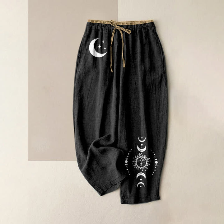 Buddha Stones Pure Cotton Elegant Celestial Moon Phase Pattern Women's Elastic Waist Pants With Pockets - Black - US16，UK/AU20，EU48 (3XL) - image 0