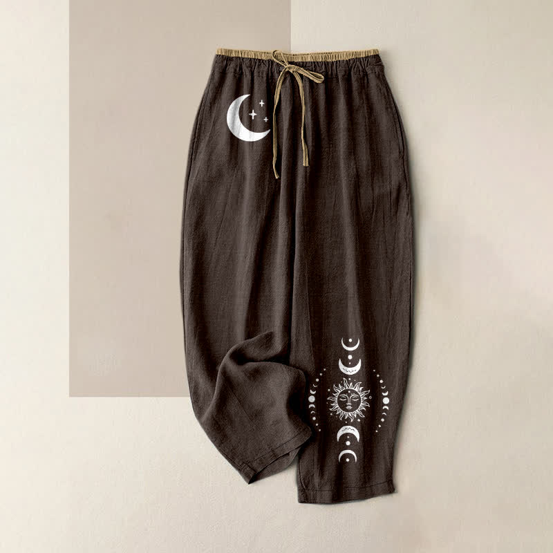 Buddha Stones Pure Cotton Elegant Celestial Moon Phase Pattern Women's Elastic Waist Pants With Pockets - SaddleBrown - US16，UK/AU20，EU48 (3XL) - image 4