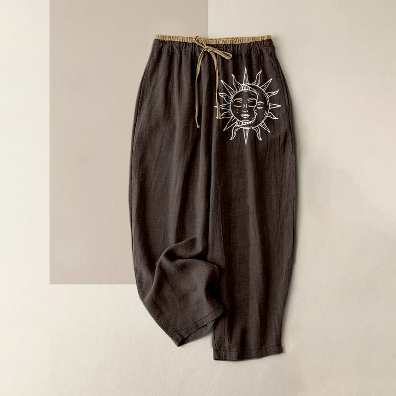 Buddha Stones Pure Cotton Celestial Sun Pattern Women's Elastic Waist Pants With Pockets - SaddleBrown - US16，UK/AU20，EU48 (3XL) - image 4