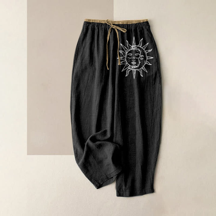 Buddha Stones Pure Cotton Celestial Sun Pattern Women's Elastic Waist Pants With Pockets - Black - US16，UK/AU20，EU48 (3XL) - image 0