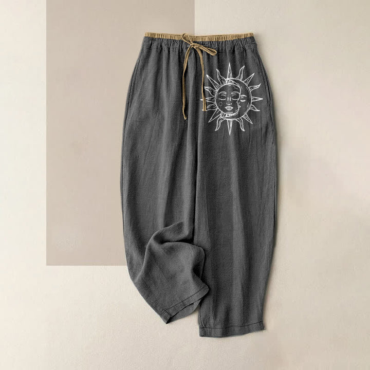 Buddha Stones Pure Cotton Celestial Sun Pattern Women's Elastic Waist Pants With Pockets - DimGray - US16，UK/AU20，EU48 (3XL) - image 5