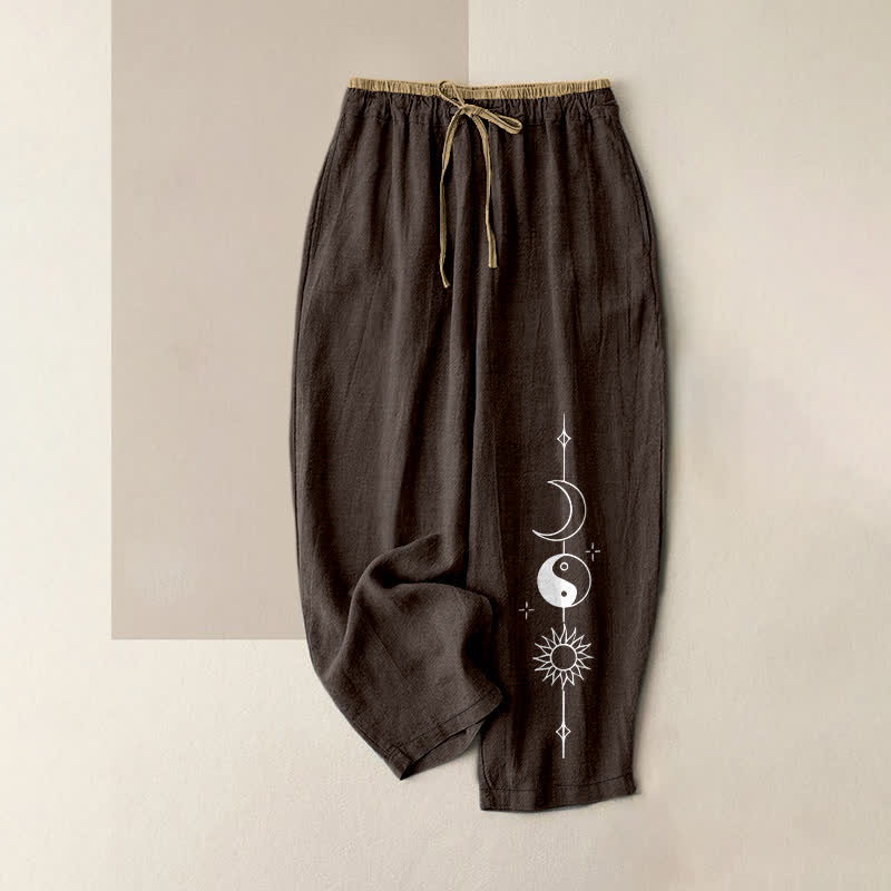 Buddha Stones Pure Cotton Celestial Yin Yang Pattern Women's Elastic Waist Pants With Pockets - SaddleBrown - US16，UK/AU20，EU48 (3XL) - image 4