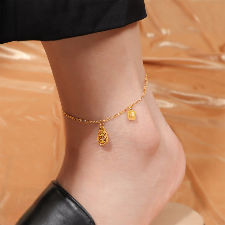 Buddha Stones Titanium Steel Fu Character Rotatable Gourd Fortune Anklet - image 3