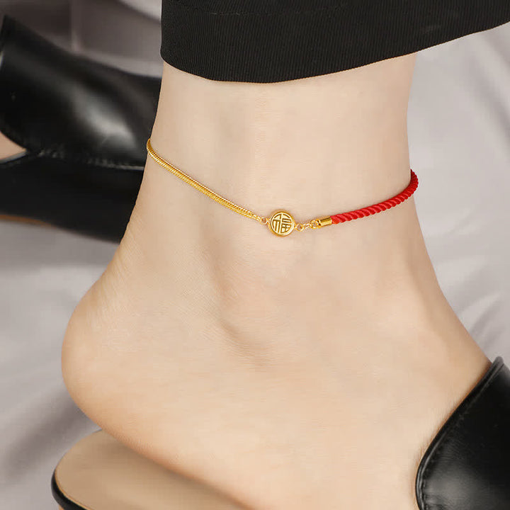 Buddha Stones Titanium Steel Fu Character Red String Blessing Braided Anklet - Fu Character(Luck ♥ Blessing) - image 0