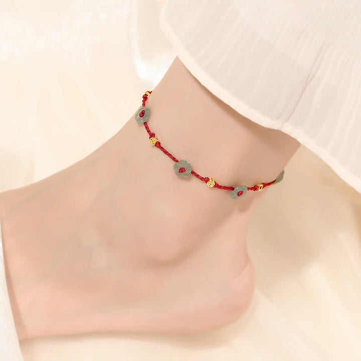 Buddha Stones Hand-Woven Red String Protection Floral Charm Anklet - image 6