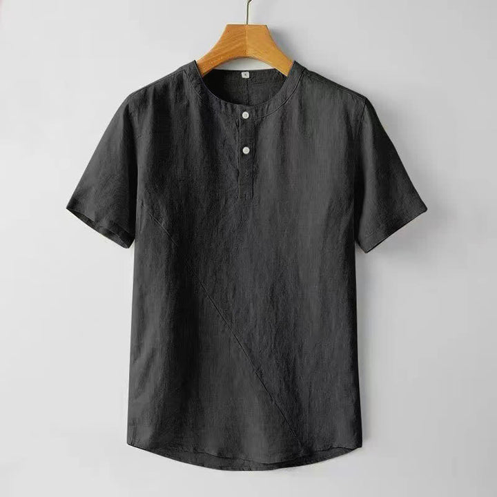 Buddha Stones Solid Color Short Sleeve Two Top Buttons Polyseter Linen Men's Shirt - Black - US/UK/AU44，EU54 (4XL) - image 3