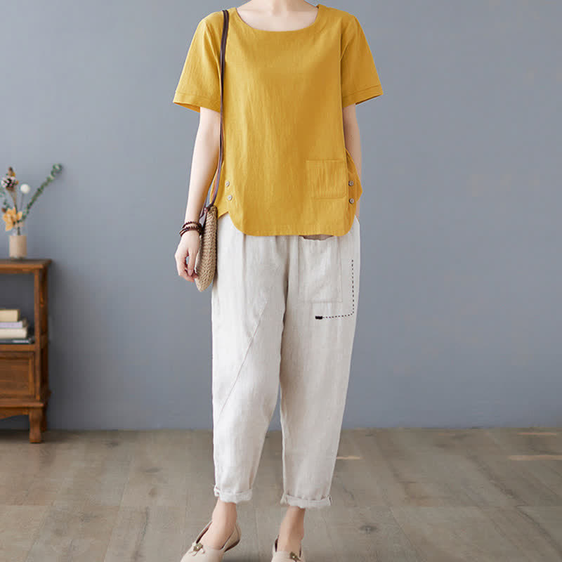 Buddha Stones Side Slit Design Women's Cotton Polyester Crew Neck Short Sleeve T-Shirt Wtih Pocket - image 5