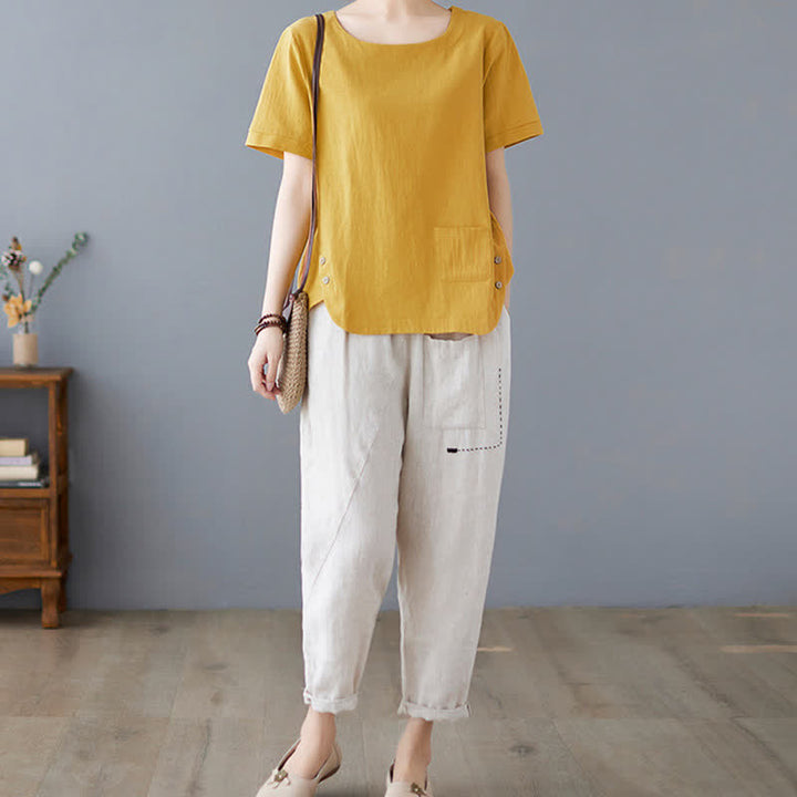 Buddha Stones Side Slit Design Women's Cotton Polyester Crew Neck Short Sleeve T-Shirt Wtih Pocket - image 5