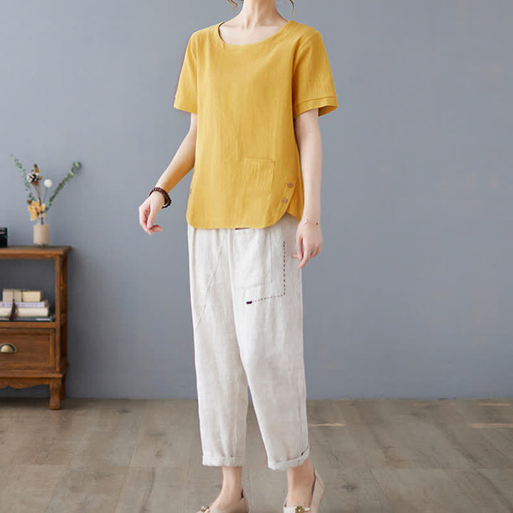 Buddha Stones Side Slit Design Women's Cotton Polyester Crew Neck Short Sleeve T-Shirt Wtih Pocket - image 7