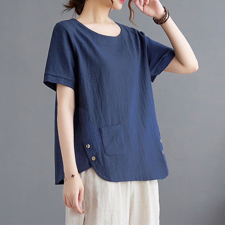 Buddha Stones Side Slit Design Women's Cotton Polyester Crew Neck Short Sleeve T-Shirt Wtih Pocket - image 19