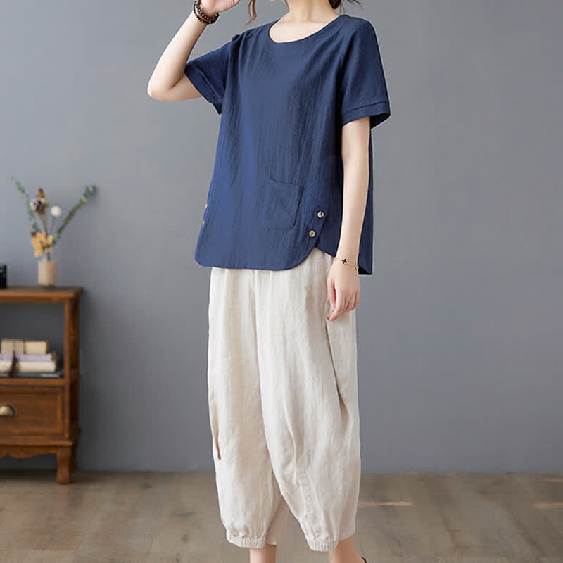 Buddha Stones Side Slit Design Women's Cotton Polyester Crew Neck Short Sleeve T-Shirt Wtih Pocket - image 24