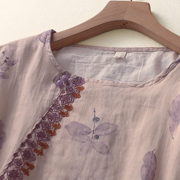 Buddha Stones Embroidery Design Leaves Women's Cotton Linen Three Quarter Sleeve Shirt - image 3