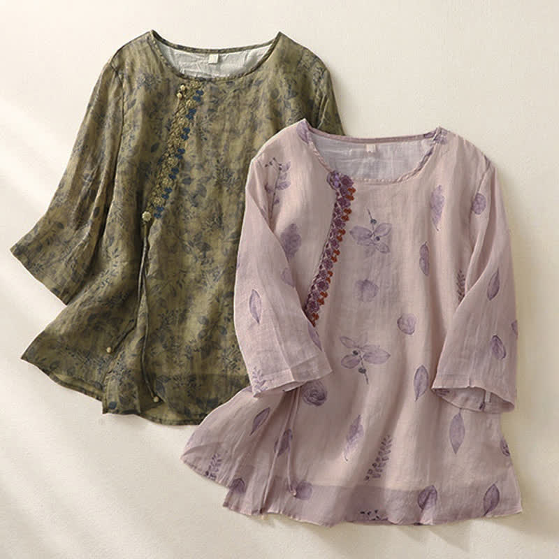 Buddha Stones Embroidery Design Leaves Women's Three Quarter Sleeve Shirt - image 20
