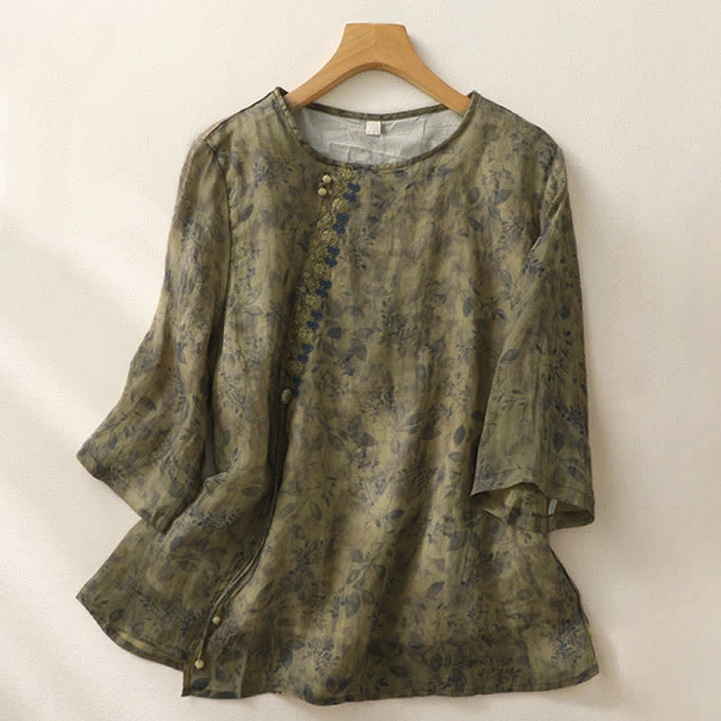 Buddha Stones Embroidery Design Leaves Women's Three Quarter Sleeve Shirt - OliveDrab - US12，UK/AU16，EU44 (2XL) - image 14