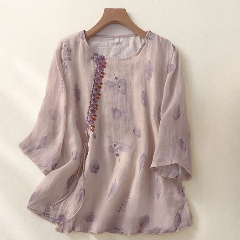 Buddha Stones Embroidery Design Leaves Women's Three Quarter Sleeve Shirt - Thistle - US12，UK/AU16，EU44 (2XL) - image 0