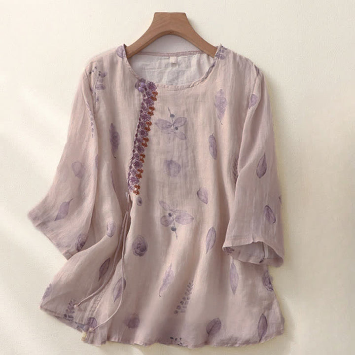Buddha Stones Embroidery Design Leaves Women's Three Quarter Sleeve Shirt - Thistle - US12，UK/AU16，EU44 (2XL) - image 0