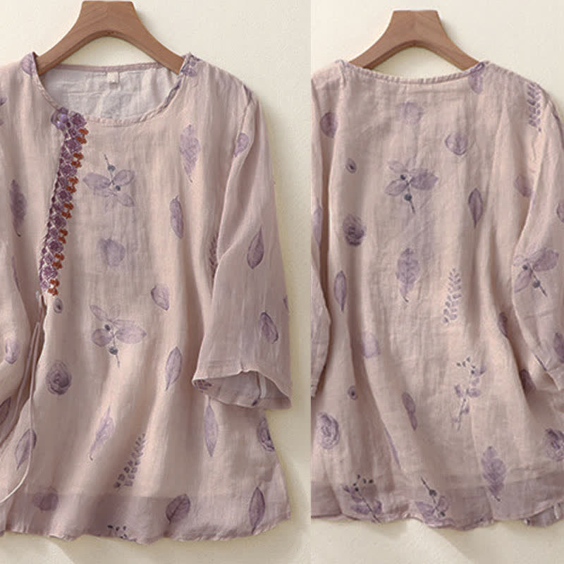 Buddha Stones Embroidery Design Leaves Women's Three Quarter Sleeve Shirt - image 2