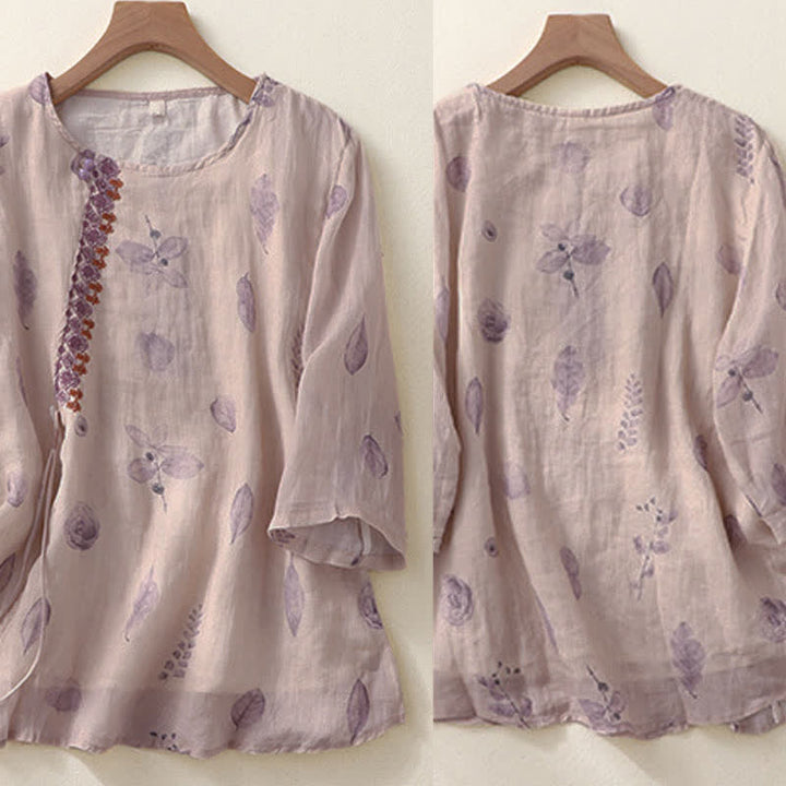 Buddha Stones Embroidery Design Leaves Women's Three Quarter Sleeve Shirt - image 2