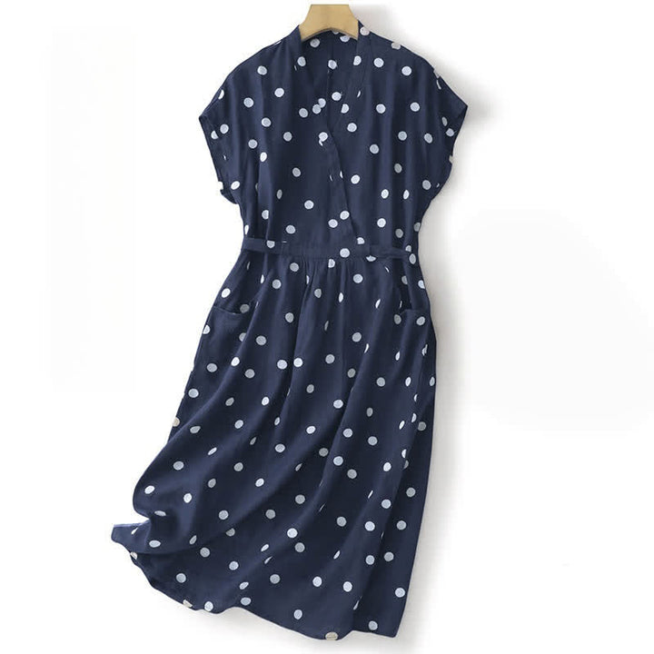 Buddha Stones Polka Dot V-Neck Lace-up Women's Midi Dress With Pockets - Navy - US8-10，UK/AU12-14，EU40-42 (2XL) - image 0