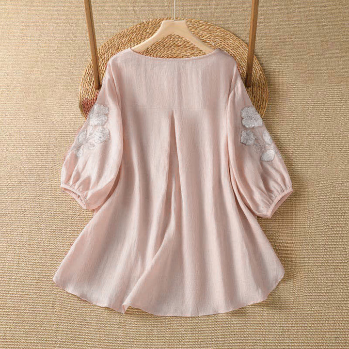 Buddha Stones Summer Casual Elegant Embroidery White Floral Crew Neck Women's Long Sleeve T-Shirt - image 1