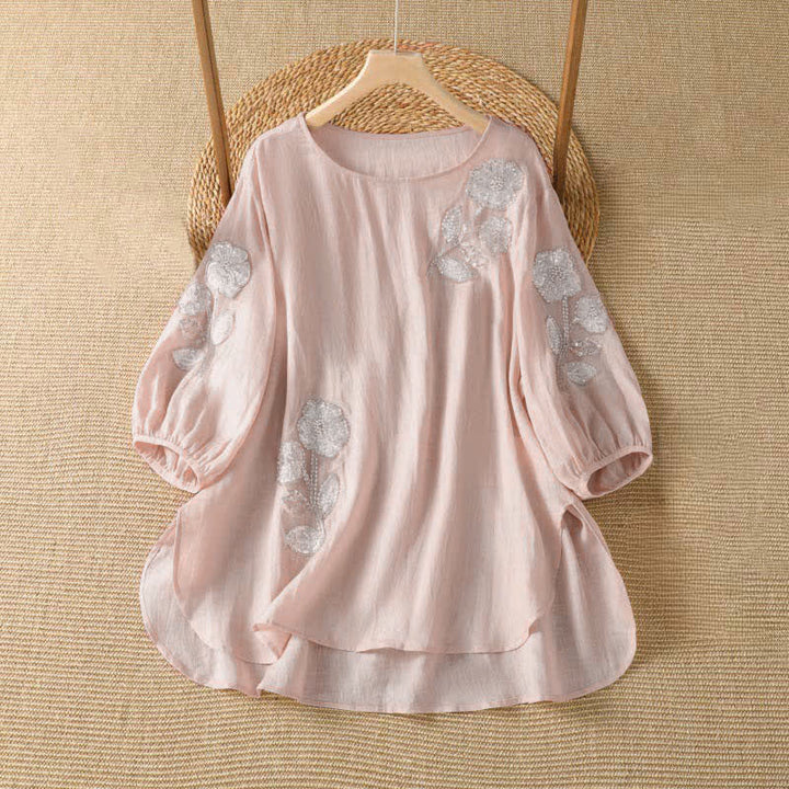 Buddha Stones Summer Casual Elegant Embroidery White Floral Crew Neck Women's Long Sleeve T-Shirt - MistyRose - US14, UK/AU18, EU46 (2XL) - image 0