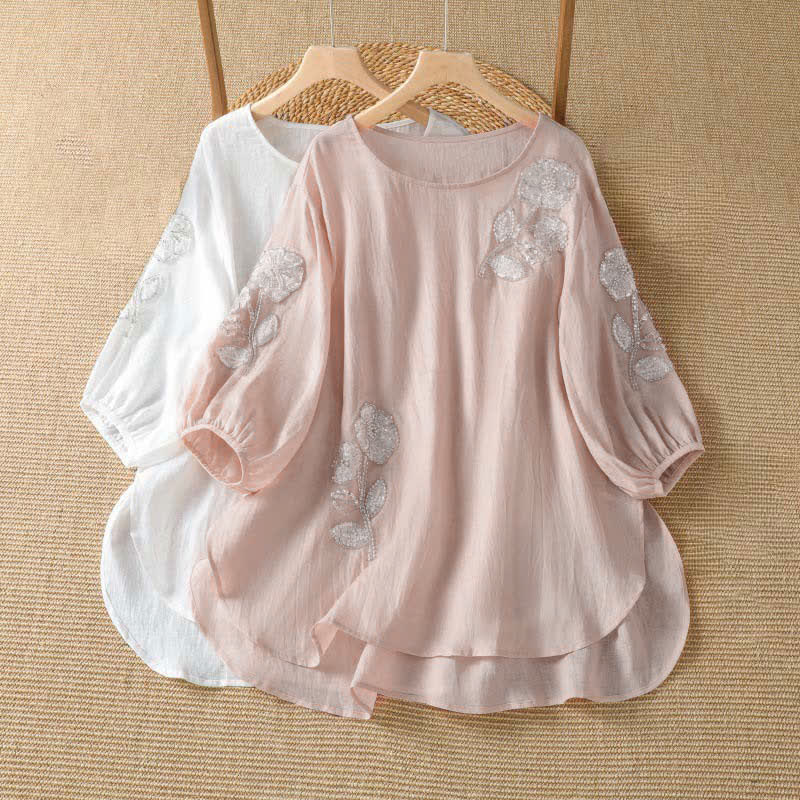 Buddha Stones Summer Casual Elegant Embroidery White Floral Crew Neck Women's Long Sleeve T-Shirt - image 8