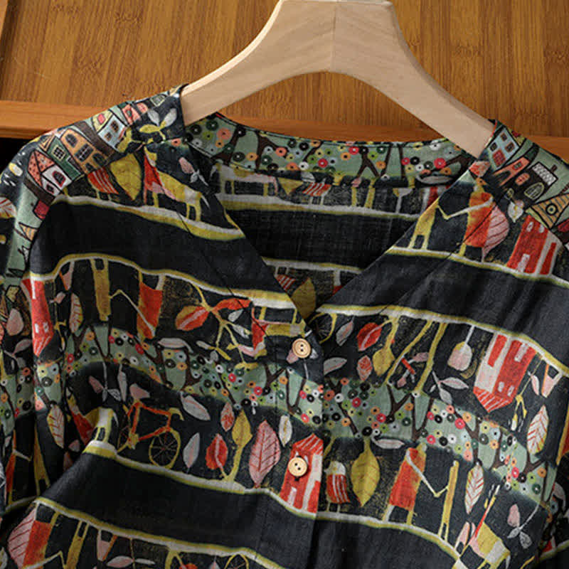 Buddha Stones Plant Printed V-neck Button Design Women's Polyester Three Quarter Sleeve Shirt - image 11