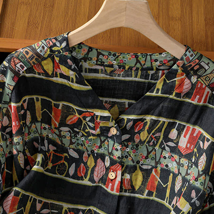 Buddha Stones Plant Printed V-neck Button Design Women's Polyester Three Quarter Sleeve Shirt - image 11