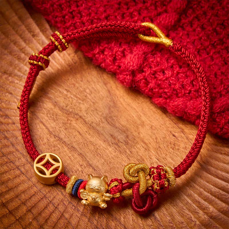 Buddha Stones Golden Lucky Cat Red String Protection Braided Bracelet - Dark Red - image 0